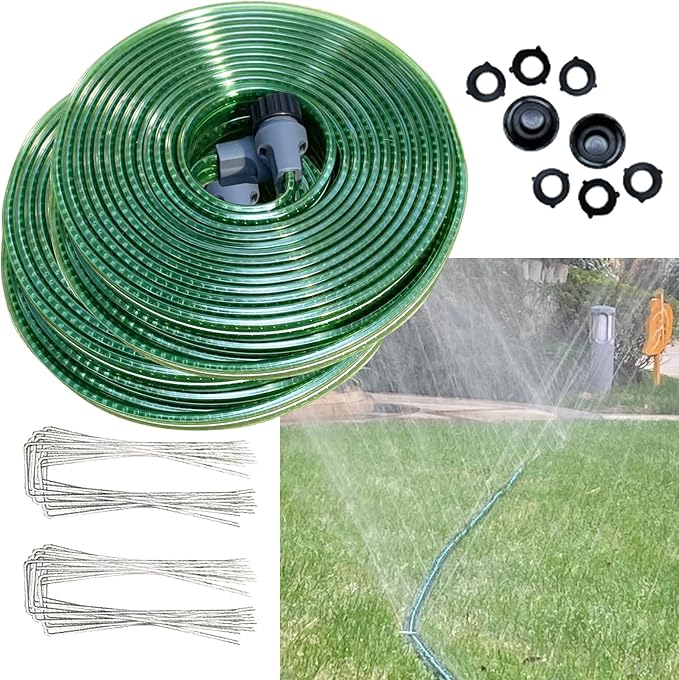 100 FT (50FT*2 Flat Sprinkler Hose for Lawn Watering Garden Soaker Hose with Holes, Heavy Duty Lightweight No-Kink Water Hose with Stakes, Irrigation Hose, Great Fun for Kids and Dog