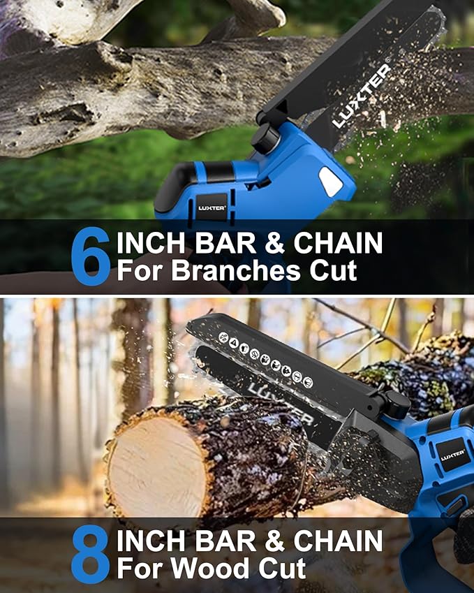 LUXTER Mini Chainsaw 8 inch & 6 inch Brushless Hand Held Cordless Chain Saw with 2 x 2.0Ah Battery 2-in-1 Electric Chainsaw for Trees Trimming Wood Cutting Perfect Gardening Tools for Men Dad Husband