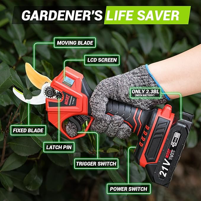Electric Pruning Shears,Cordless Pruning Shears Brushless Motor with 2Pcs Rechargeable Batteries,21V Upgraded Pruner with LCD Display