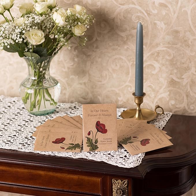 Bentley Seed Co. | Celebration of Life Funeral Favors for Guests | Non-GMO, Non-Coated Flanders Poppy Seed Packets in Our Hearts Forever and Always | Sentimental Memorial Service Gift | Pack of 25
