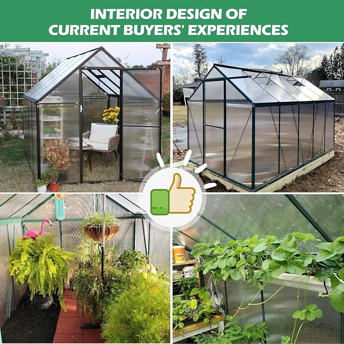 CDCASA 10.3x6.2 FT Greenhouse for Outdoors, Easy Assembly Thicker Aluminum Heavy Duty Polycarbonate Greenhouses Kit w/2 Vent Window, Swing Door, Walk-in Green House for Sunroom Patio,Backyard