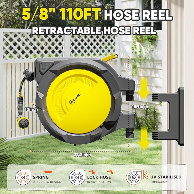 SILVEL Retractable Garden Hose Reel – 5/8 in x 110FT Heavy Duty Automatic Hose Reel Wall Mounted, UV Resistant with 10 Pattern Nozzle, Any Length Lock & Slow Return System, 180°Swivel Bracket, Yellow