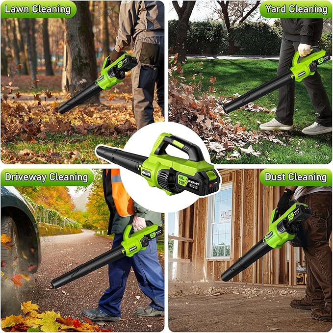 RYAHT Leaf Blower, 21V Powerful Electric Leaf Blower Cordless with 2 x 4.0Ah Batteries and Charger, 2 Speed Modes, Handheld Lightweight Leaf Blowers for Lawn Care, Patio, Garden, Dust - Green