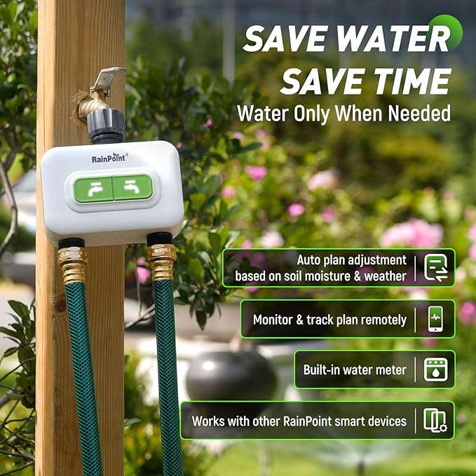 RainPoint 2-zone Wireless Smart Water Timer with Hub for Outdoor Irrigation Rain Delay, APP Remote Control WiFi Watering Timer for Garden Faucet with 2 Outlets Automatic Schedules for Lawn,Garden,Yard