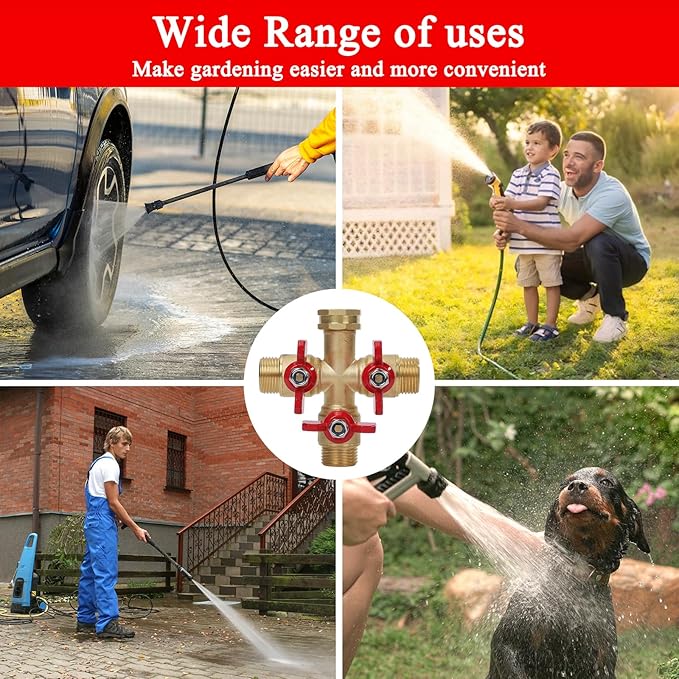 Hose Splitter 3 Way Heavy Duty Brass Valve Garden Hose Splitter with Stainless Steel Long Handle Water Hose Trap Adapter 3/4" GHT Thread