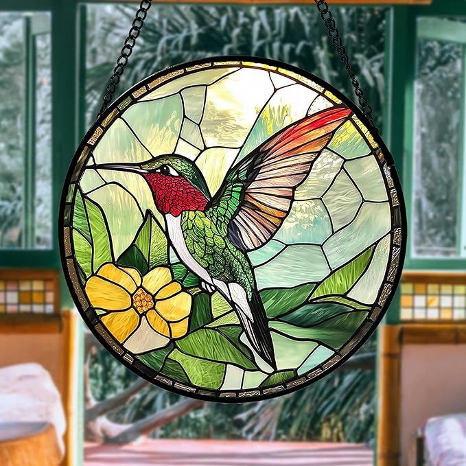 Stained Glass Window Hanging, Green Hummingbird Sun Catcher for Door Home Decor, Birds Suncatcher Christmas Mother's Day Birthday Gifts for Bird Lovers Women Men Mom and Nana 7.8 in