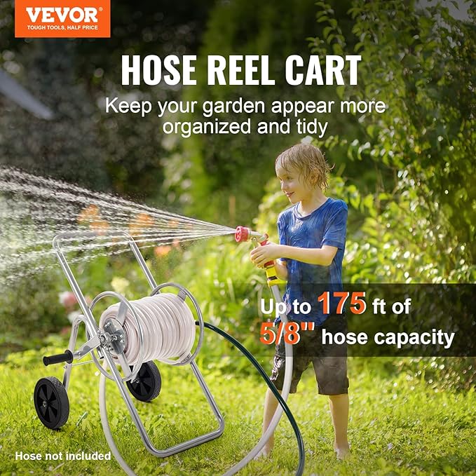 VEVOR Hose Reel Cart, Hold Up to 175 ft of 5/8’’ Hose (Hose Not Included), Garden Water Hose Carts Mobile Tools with Wheels, Heavy Duty Powder-coated Steel Outdoor Planting for Garden, Yard, Lawn