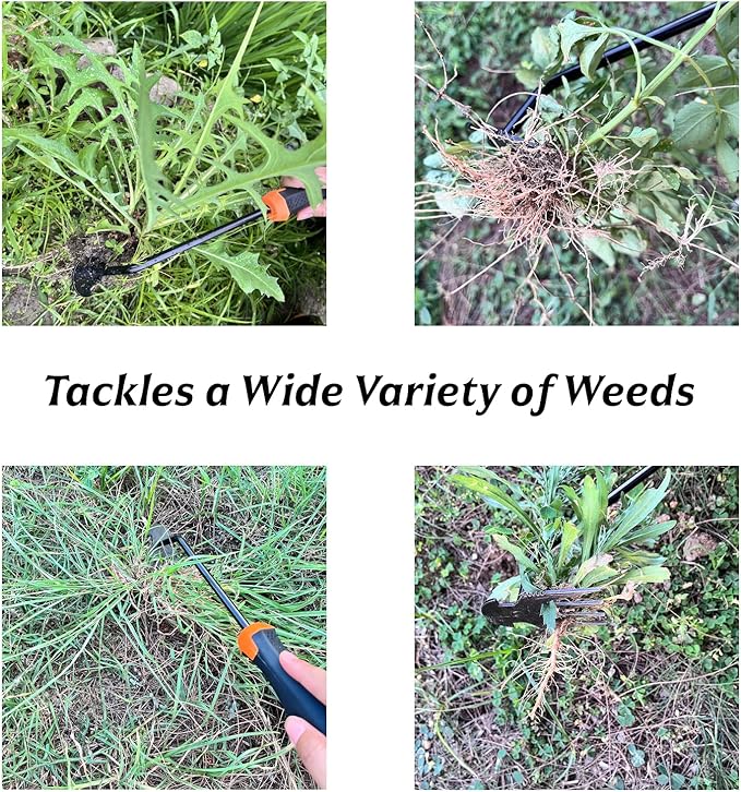 Hand Weeding Tool, Uprooting Weeder Tool Portable Garden Weed Remover with Handle, 4 Teeth Stainless Steel Weed Puller for Garden Backyard Farm Planting & Weeding (Rubber Handle)