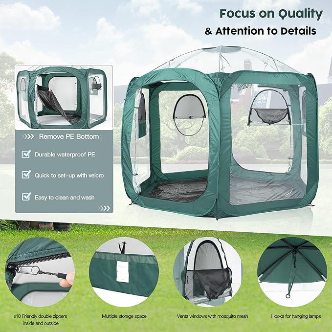 Porayhut Pop up Greenhouse Tent,Portable Large Walk-in Plant House 10’X10’ ,Indoor Outdoor Gardening Plant Sunshine Room with PVC Mesh Cloth Cover for Protecting Plant from Cold Frost & Birds