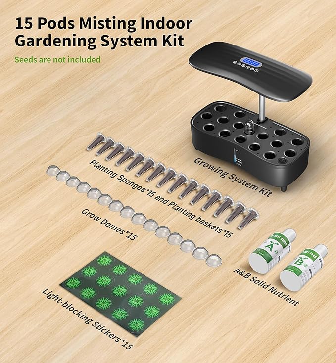 Hydroponics Growing System Kit 15 Pods Misting Herb Garden Indoor Garden Indoor Gardening System 5L Water Capacity 48W Grow Light Gardening Gifts for Women House Warming Gifts New Home (Black)