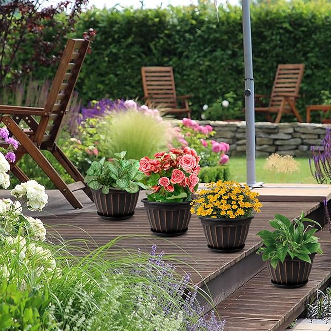 FGstyle 4 Pack Flower Pots,8 Inch Plants Pot,Planters Pot with Drainage Hole & Saucer,Modern Planters for Indoor Outdoor Plants,Decorative Resin Garden Pots for Outdoor Indoor Home Plants (Black)