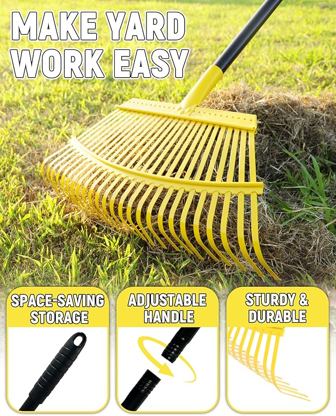 Garden Leaf Rake, 18” Wide Metal Rake with 25 Teeth, 62" Adjustable Long Handle, Heavy Duty Lawn Yard Tool for Leaves, Grass, Shrubs, Debris, Pine Needles, Garden Cleanup Tools for Backyard