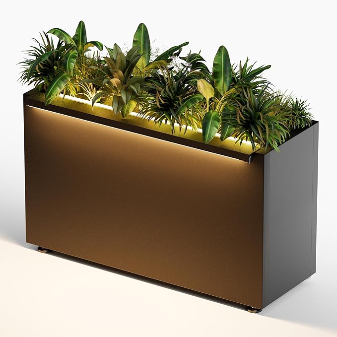 GSK 30" L Black LED Metal Planter Rectangle Flower Box Light Strips ×2 Galvanized Trough Indoor Rectangular Outdoor Patio Terrace Balcony Garden Plant with Drainage Holes & Insert