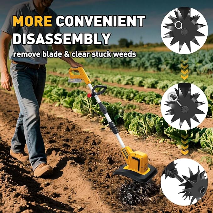 DEVONIC Cordless Electric Garden Tiller,330RPM Electric Garden Tiller, 8 in Tilling Width and 6 in Depth Garden Rototiller for Lawn/Gardening/Soil Cultivation (Without Battery)