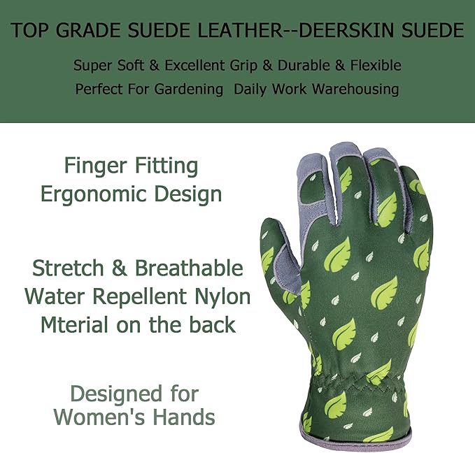 SKYDEER Premium Genuine Deerskin Suede Women's Gardening Gloves, Ultra-Soft Padded, Comfort Fit for Work (SD6615/L)