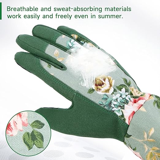Gardening Gloves for Women, Comfortable Floral Long Sleeve Garden Gloves for Gardening and Outdoor Work, Durable Leather Long Gardening Gloves, Great Gift Ideas for Ladies, Green Print (Large)
