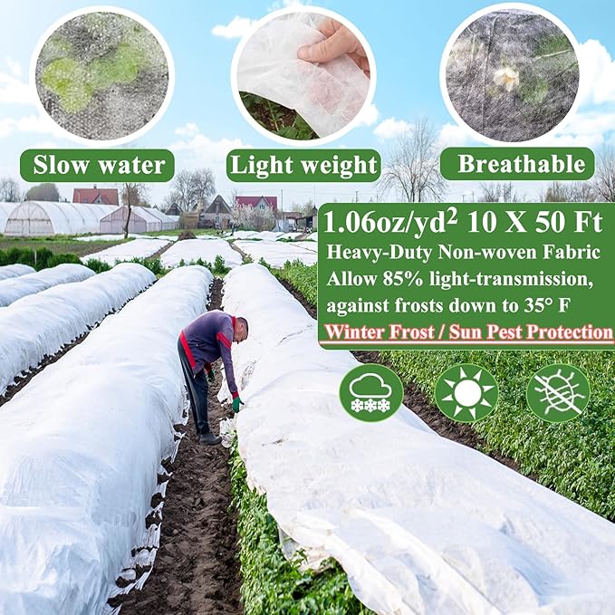 Plant Covers Freeze Protection 10 x 50Ft with 20 Stainless Steel Clip- Frost Cloth Plant Blankets Garden Fabric Freeze Cover for Outdoor Plant Raised Bed Greenhouse Winter Frost Sun Protection