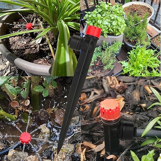 50 Pack Quick-Connect Irrigation Drippers for 1/4'' Irrigation Tubing 8 Hole Sprinkler Heads Push-to-Fit Drip Irrigation 360 Degree Adjustable Drip Emitters with Stake for Garden Patio Flower(Red)
