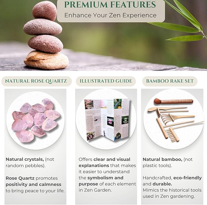 Zen Garden for Desk โ Mini Japanese Rock Garden with Crystals, Bonsai Tree & Sand Tools, 11x7.5in Stress Relief Desk Decor, Meditation & Relaxation Gift Set (Black)