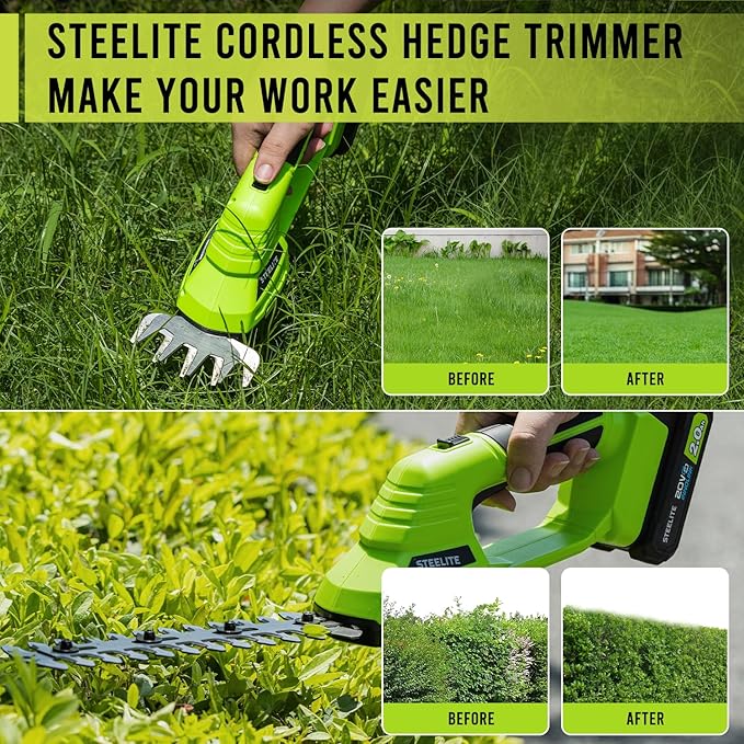 STEELITE Hedge Trimmer Cordless, 21V Handheld Shrub & Bush Trimmer Electric with 2 x 2.0Ah Batteries, Fast Charger, Mini Grass Trimmer for Effortless Trimming