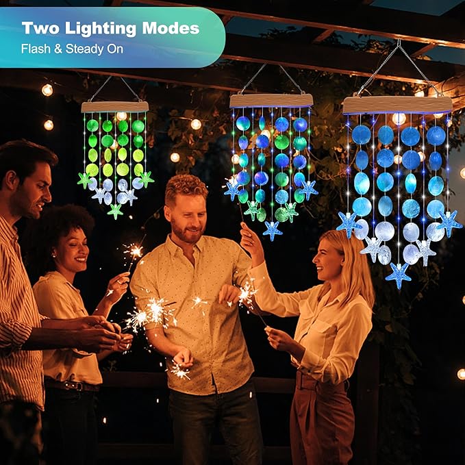 Toodour Solar Wind Chimes for Outside, Birthday Gifts for Women Mom Grandma, Waterproof 2 Modes Shells Solar Powered Outdoor Lights for Patio Holiday Garden Porch Yard Outdoor Decor - White & Blue