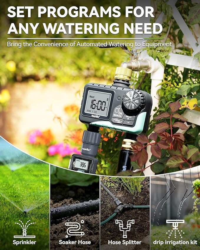 RAINPOINT Water Timer for Garden Hose - Sprinkler Timer with Brass Swivel - Rain Delay/Manual Watering/Automatic Irrigation Programmable Faucet for Yard, 2 Outlet