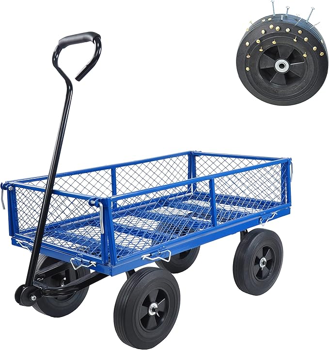Solid Wheels 10" Flat Free Tires Steel Garden Wagon cart A Large-Capacity mesh with a Load of 1100LBS,with Detachable Side and no Pneumatic Tires,can be Used in Farms,Warehouses,etc.