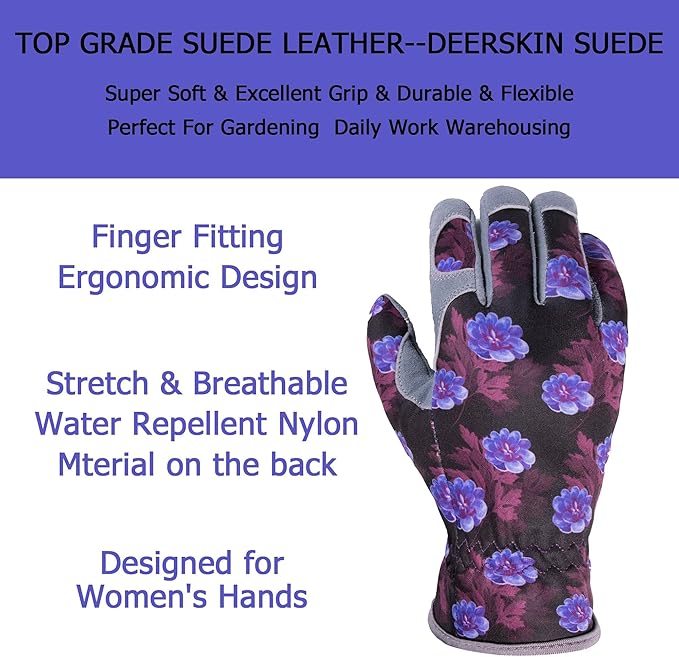 SKYDEER Premium Genuine Deerskin Suede Women's Gardening Gloves, Ultra-Soft Padded, Comfort Fit for Work (SD6613/M)
