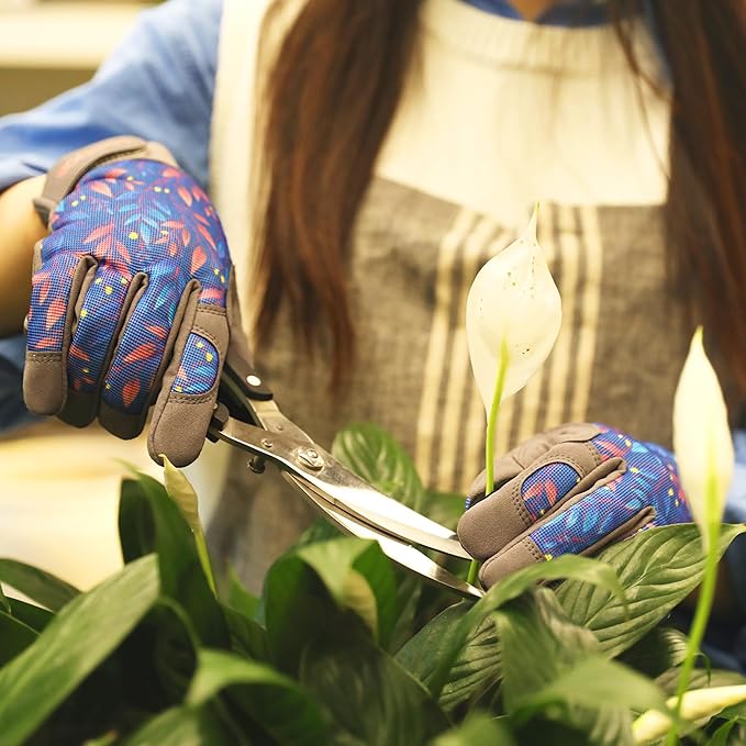 COOLJOB Medium Gardening Work Gloves for Women Ladies, Thorn Proof for Rose Pruning, Cactus Handling, Blackberry Bush Planting, Puncture Resistant Anti-Slip Flexible, 1 Pair M Blue Flower