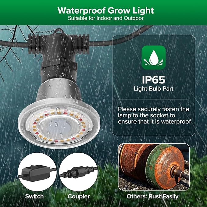 SANSI Outdoor LED Grow Lights,IP65 Waterproof String Grow Light,Full Spectrum 6-Light 72W Upgraded Optical Lens with 22Ft Cord for Veg Seedling,Flower,Greenhouse Indoor or Outdoor