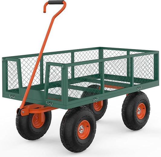 Versatile Garden Cart for Lawn and Yard with Heavy Duty Steel, 900 Lbs Capacity Mesh Steel Garden Cart Folding Utility Wagon with Removable Side Panels, Long Handle, 10" Tires - Green and Orange