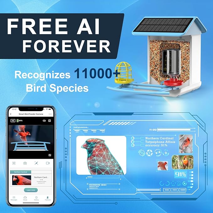 Bird Feeder with Camera-2K HD & Full Color Night Vision, Free AI Forever for 1,1000+ Species Identification, Solar Powered Wireless Outdoor, Includes 64GB TF Card, Two-Way Audio, App Alerts