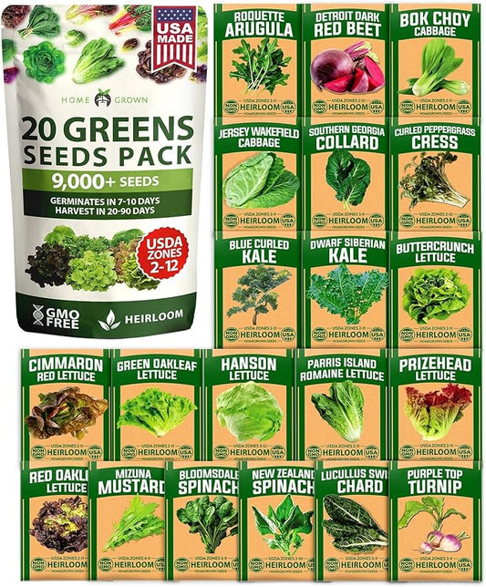 HOME GROWN 21,600+ Lettuce Seeds for Planting - 20 Heirloom Varieties, Non-GMO USA - Romaine, Butterhead, Iceberg, Leaf Lettuce, Spinach & Kale - Indoor, Outdoor & Hydroponic Garden Kit