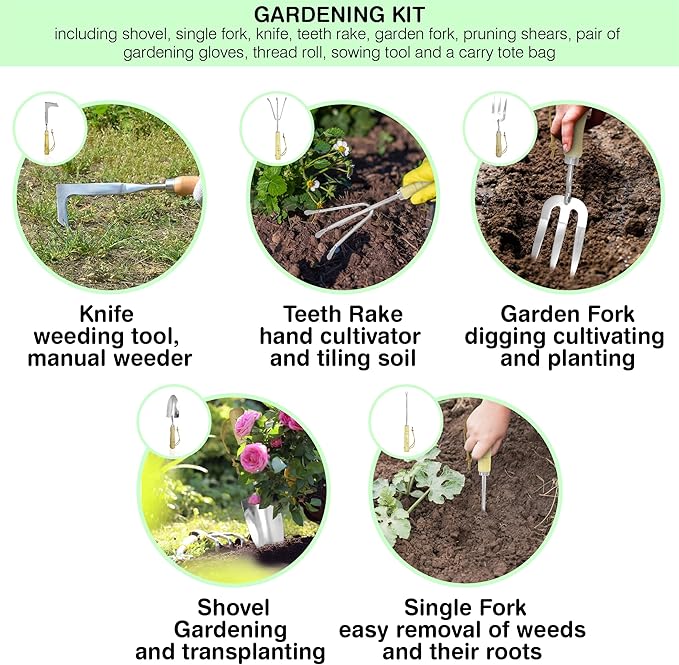 Garden Tools Set โ Premium Stainless Steel Gardening Hand Tools with Solid Beechwood Handle โ Gardening Kit with Rake, Shovel, Gloves, Shears, Tool Organizer โ Garden Gifts for Women and Men