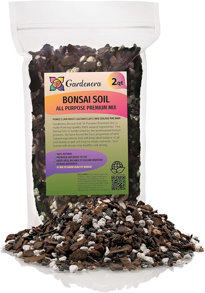 Premium Bonsai Soil All Purpose Fast Draining Mix - Pumice, Lava, Calcined Clay and Pine Bark Potting Pre Mixed Bonsai Plant Soil Mixture by GARDENERA- Made in USA - (2 Quart Bag)