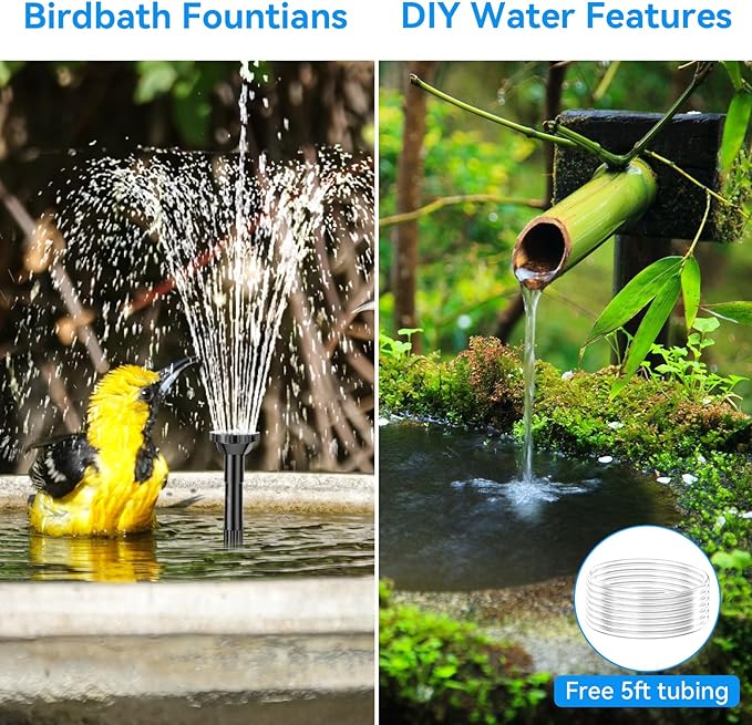 POPOSOAP 6.5W Solar Fountain Pump for Bird Bath Built-in 3000mAh Battery Backup, DIY Solar Water Fountain with Double-Layer Nozzles & Dry-Run Protection 5Ft Tubing for Ponds, Bird Bath, Water Features
