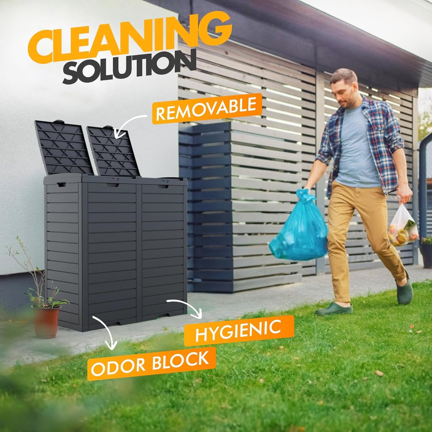 Outdoor Trash Can with lid, Waterproof, UV-Resistant Resin Garbage Can, Lockable Lid and Drip Tray, Animal-Proof, for Patio, Kitchen, Backyard and Deck (Black, 62 Gallon)