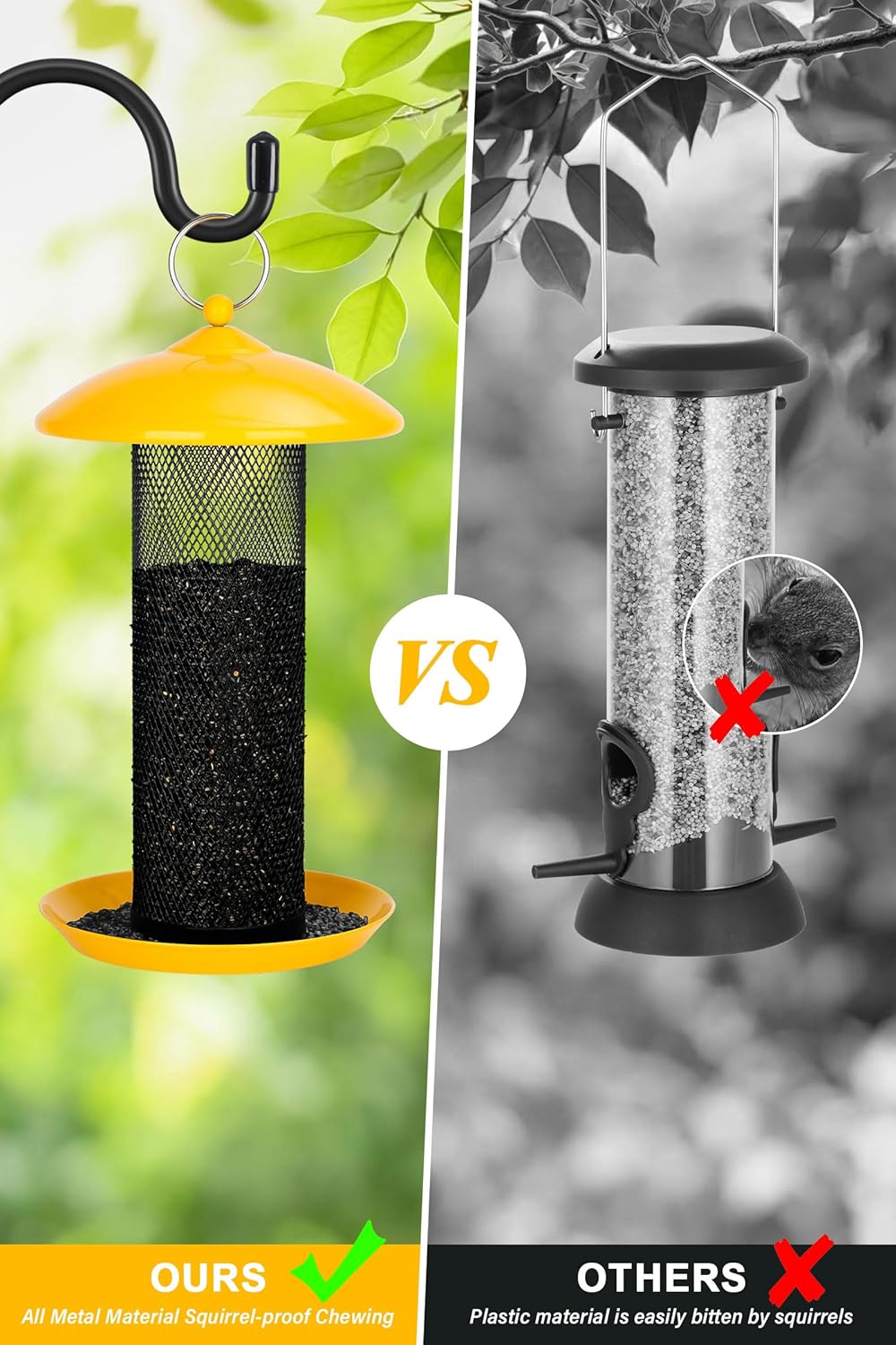 Gtongoko Finch Bird Feeders for Outdoors 2.5 LB Capacity Squirrel Proof Metal Tube Bird Feeders Thistle & Nyjer Seed Hanging Feeder, Yellow, 1 Pack