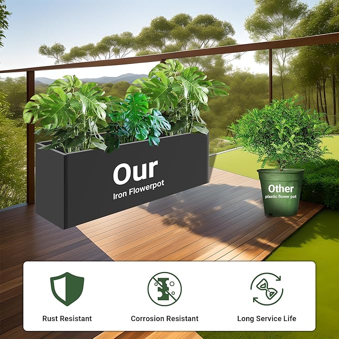 Metal Planter Box 46” x 16” x 16”, Tall Planter Box with Removable Insert Shelf, Black Steel Planter Heavy Duty for Porch, Garden, Patio, Yard