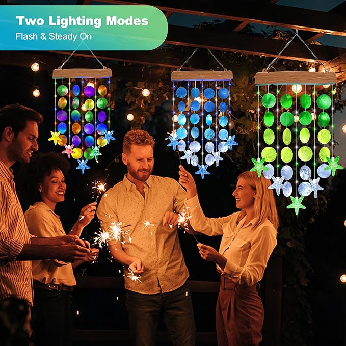 Toodour Solar Wind Chimes for Outside, Birthday Gifts for Women Mom Grandma, Waterproof 2 Modes Shells Solar Powered Outdoor Lights for Patio Holiday Garden Porch Yard Outdoor Decor - White & Green