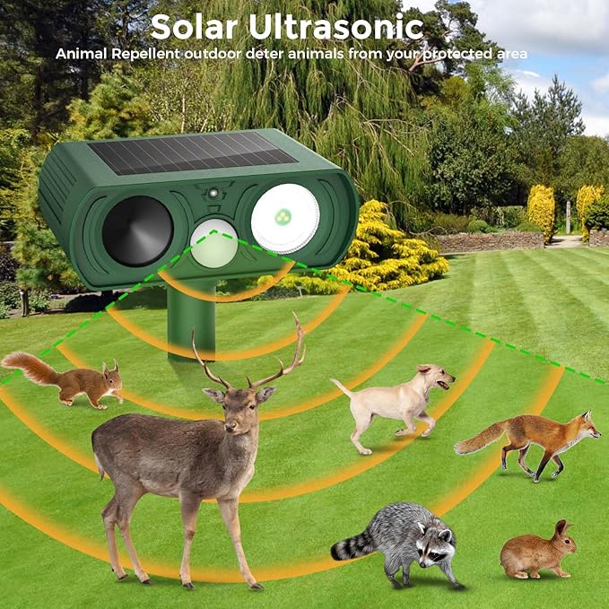 Upgraded Solar Ultrasonic Animal Repellent Outdoor, Deer Repellent Devices Motion Detection, Waterproof Cat Squirrel Skunk Raccoon Dog Bird Deterrent with Flash Lights for Yard Farm Garden Patio