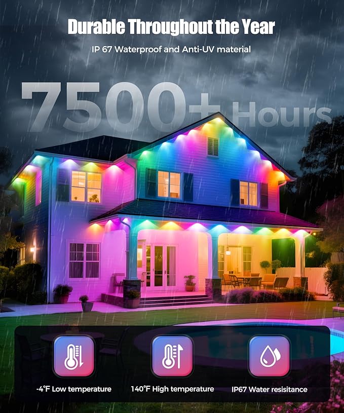 POOFZY Permanent Outdoor Lights for House, 50ft RGB+IC Smart Outdoor Decor, 50 Scene Modes, App/Remote Control, IP68 Waterproof, for Christmas, Holiday, Daily & Pool Party Decor, House Roof Lighting