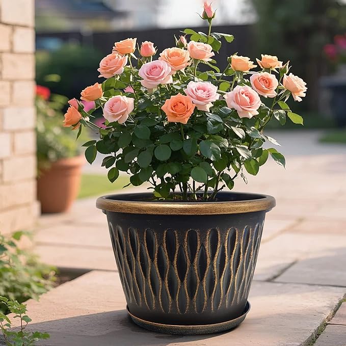 4 Pack 9 Inch Retro Plant Pots, Vintage Striped Flower Pots with Drainage Hole & Saucer, Large Plastic Planters for Indoor and Outdoor Plants, Decorative Garden Pots(Gold)