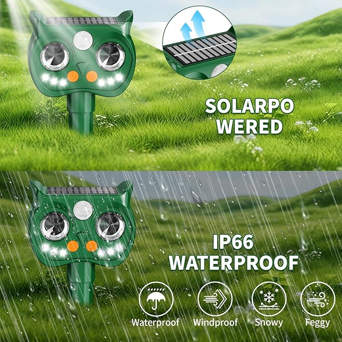 2 Pack 2025 Upgraded Solar Ultrasonic Animal Repellent Outdoor – Motion Activated Deer, Squirrel, Cat, Raccoon, Dog & Bird Deterrent with Multi-Frequency LED Strobe & Ultrasonic Sweep for Yard Garden