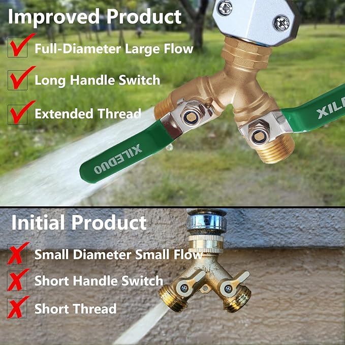 Garden Hose Splitter 2 Way,Brass Water Hose Splitter with Stainless Steel Long Handle,Outdoor Full Flow Hose Splitter Connector,Y Valve 3/4 Inch GHT Thread