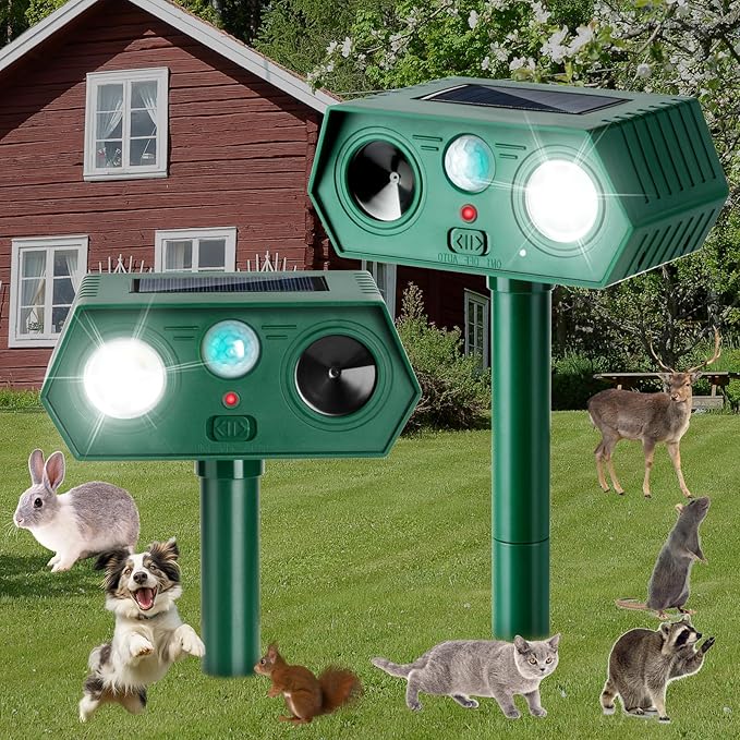 2Pack 2025 Ultrasonic Animal Repellent Outdoor Deer Repellent Devices Solar Animal Repeller Motion Activated Deterrent to Scare Cat Squirrel Rabbit Raccoon Skunk with LED Flash Lights for Yard Lawn