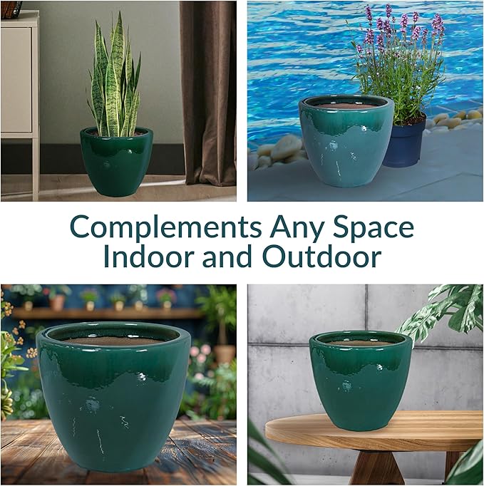 Sunnydaze Large Ceramic Plant Pot - Round Outdoor Glazed Ceramic Planter Pot with Drainage - Resort - Dark Green - 14.5"