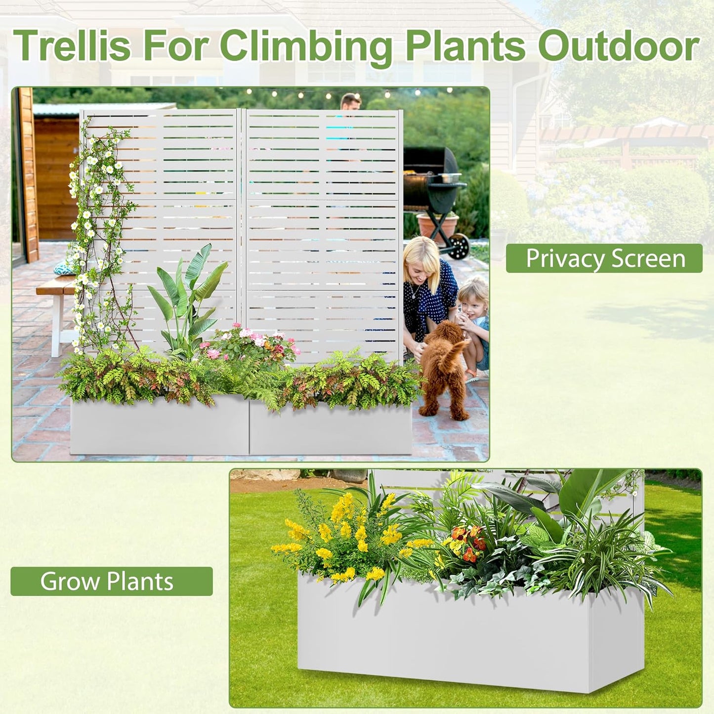 Trellis for Climbing Plants Outdoor,Mental Garden Bed with Drainage Holes Outdoor Privacy Screen Design Tall planters for herb Flower Vegetables 73"x35"x16", White-Louvered