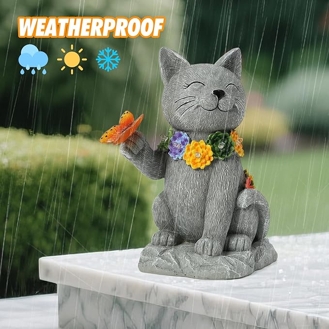 Outdoor Solar Cat Garden Statue - with LED Flowers and Butterfly Yard Art, Suitable for Lawn Decoration, Porch,Yard Decorations Outdoor, Birthday Gift for Mother, Grandmother, or Women