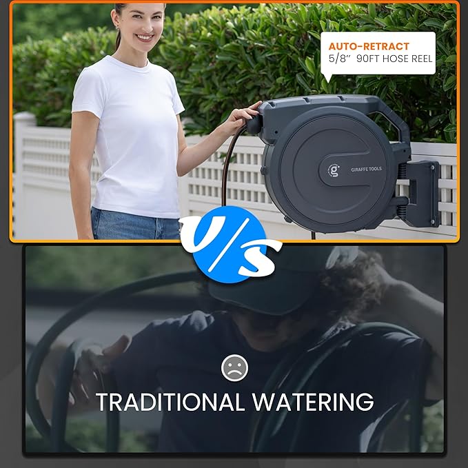 Giraffe Tools AW40 Retractable Hose Reel 5/8" x 90 ft Wall Mounted Garden Hose Reel Heavy Duty, Automatic Rewind, 180 Deg Swivel, Any Length Lock, 9 Pattern Nozzle, 90 ft, Dark Grey